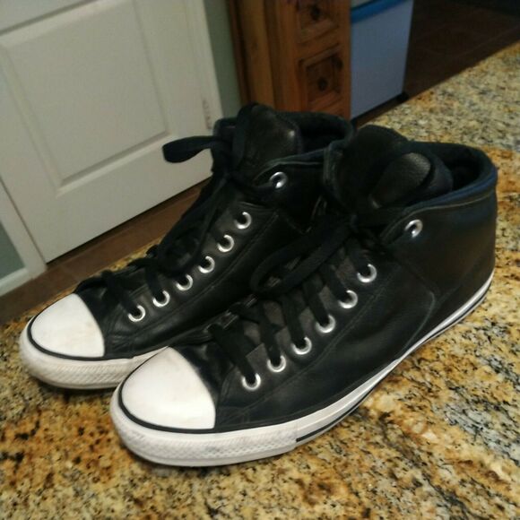 Rare Black Chuck Taylor All Star Converse Leather Mid Top Sneakers Mens 10 D - Picture 4 of 12